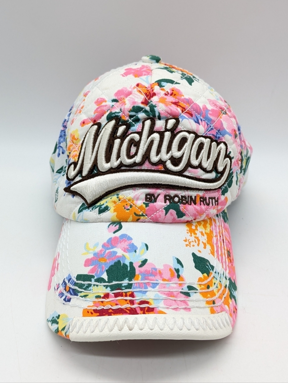 Robin Ruth White Colorful Floral Michigan Embroidered Snapback Baseball Cap OS